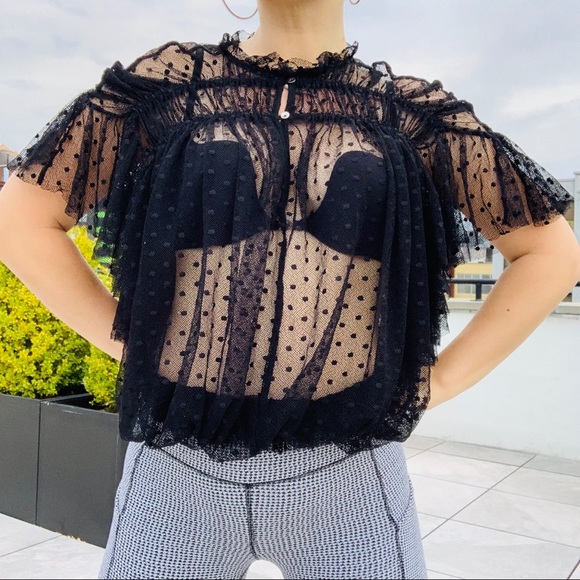 Hat or Top Free People Sheer Polka Dot Tulle Ruffle Cinch Top - Picture 14 of 16